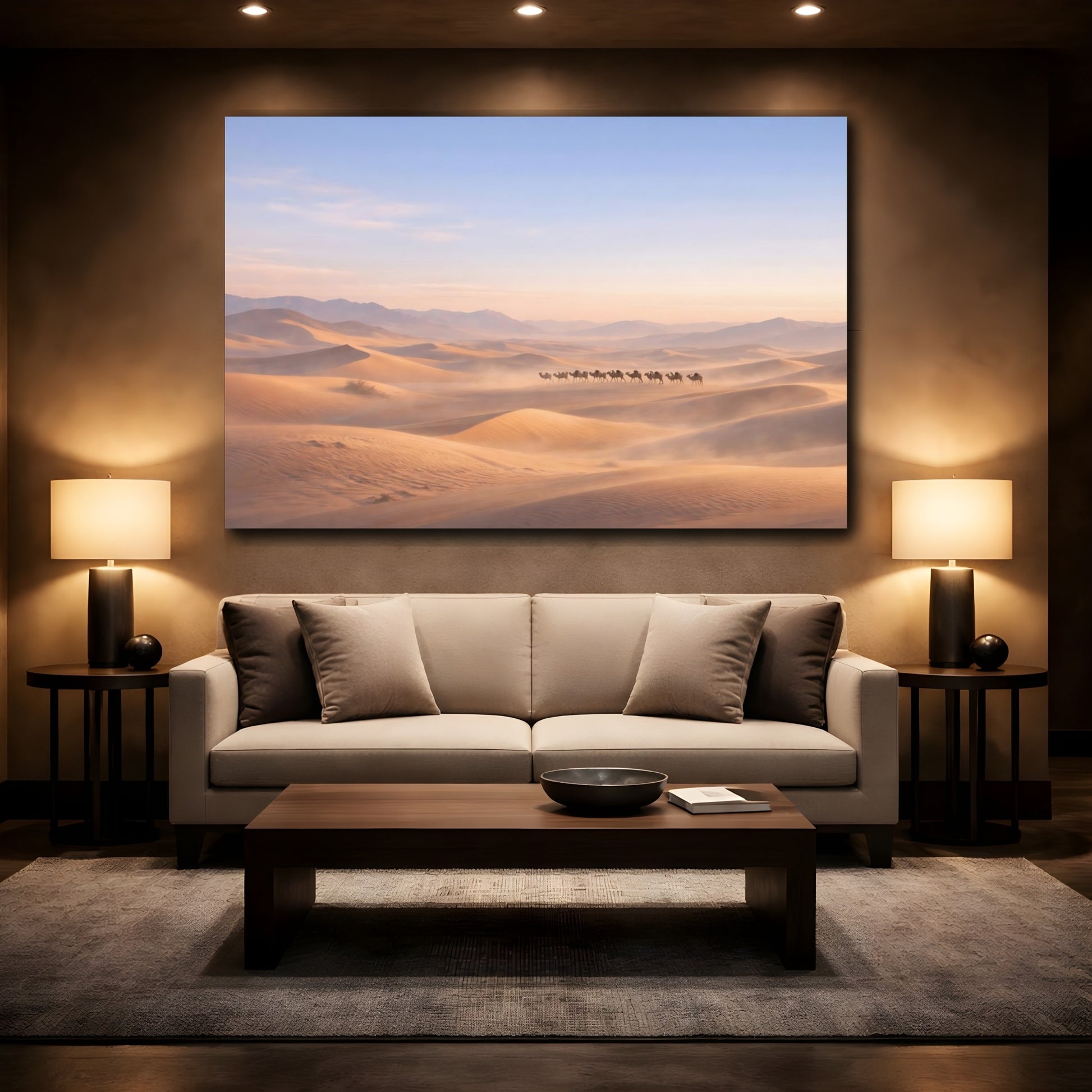 Mockup 3. Nature Camel Train Desert Camel Train shown as stretched canvas wall art
