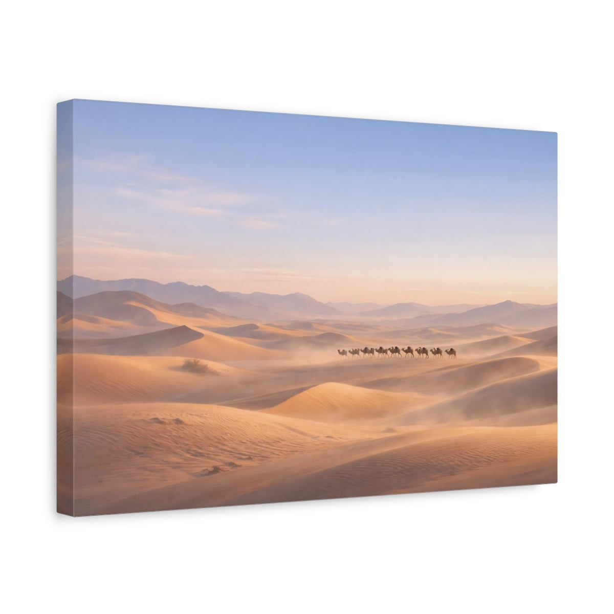 Side Mockup 4. Nature Camel Train Desert Camel Train shown as stretched canvas wall art
