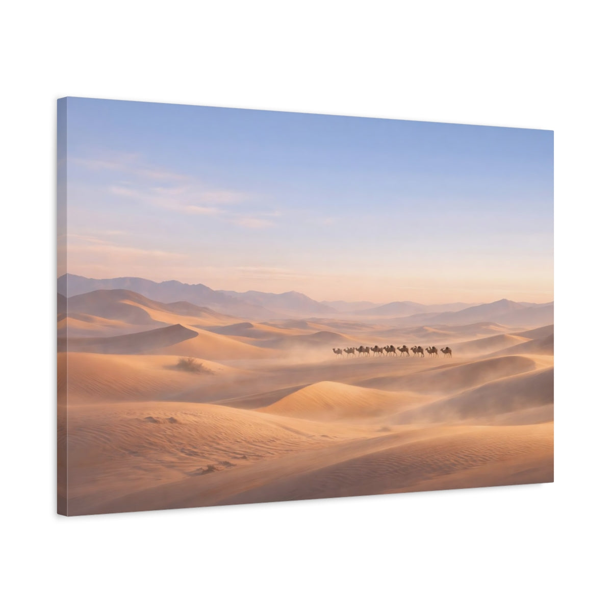 Side Mockup 2. Nature Camel Train Desert Camel Train shown as stretched canvas wall art