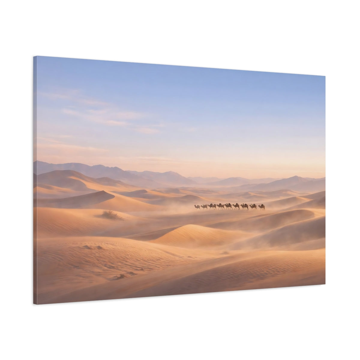 Side Mockup 1. Nature Camel Train Desert Camel Train shown as stretched canvas wall art