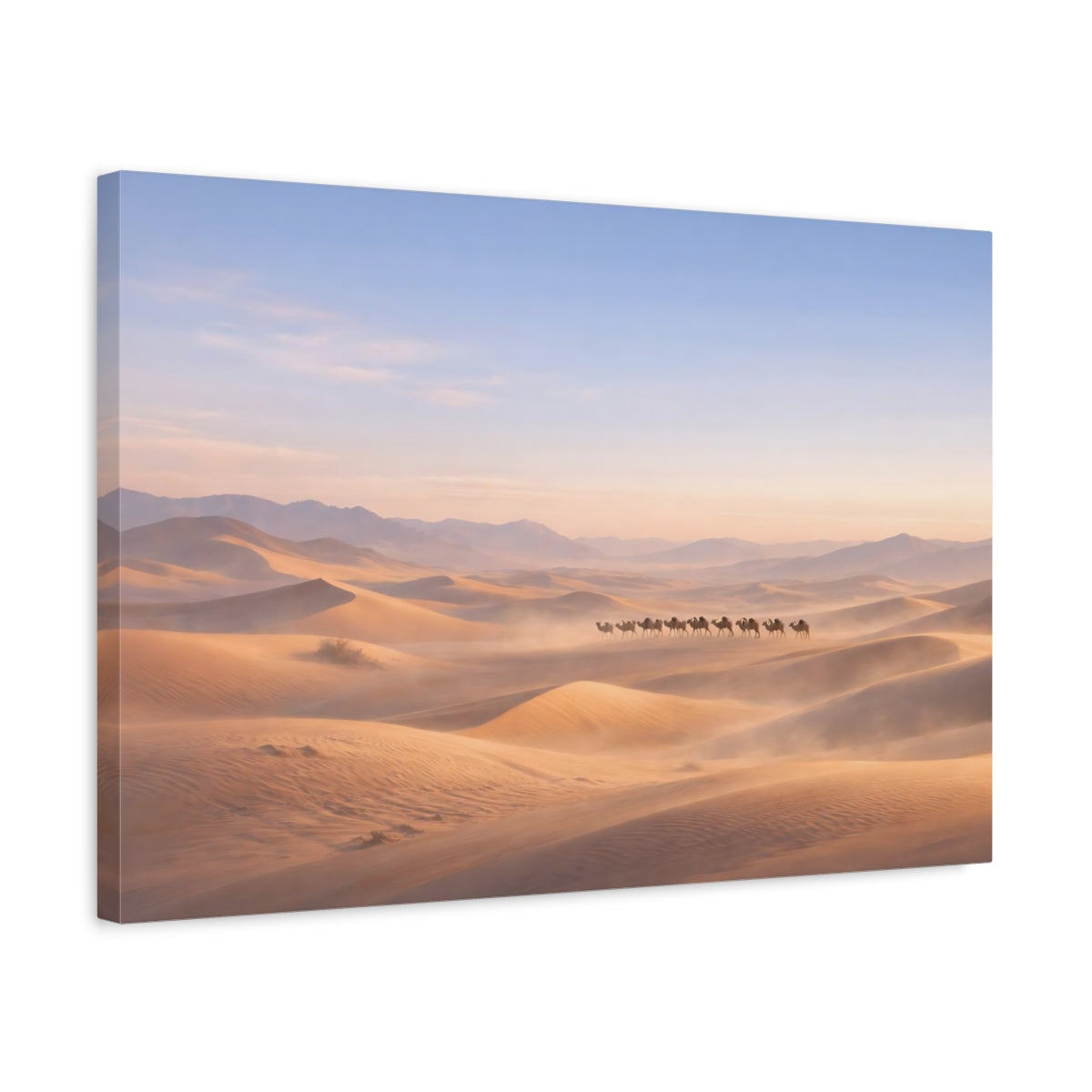 Side Mockup 3. Nature Camel Train Desert Camel Train shown as stretched canvas wall art