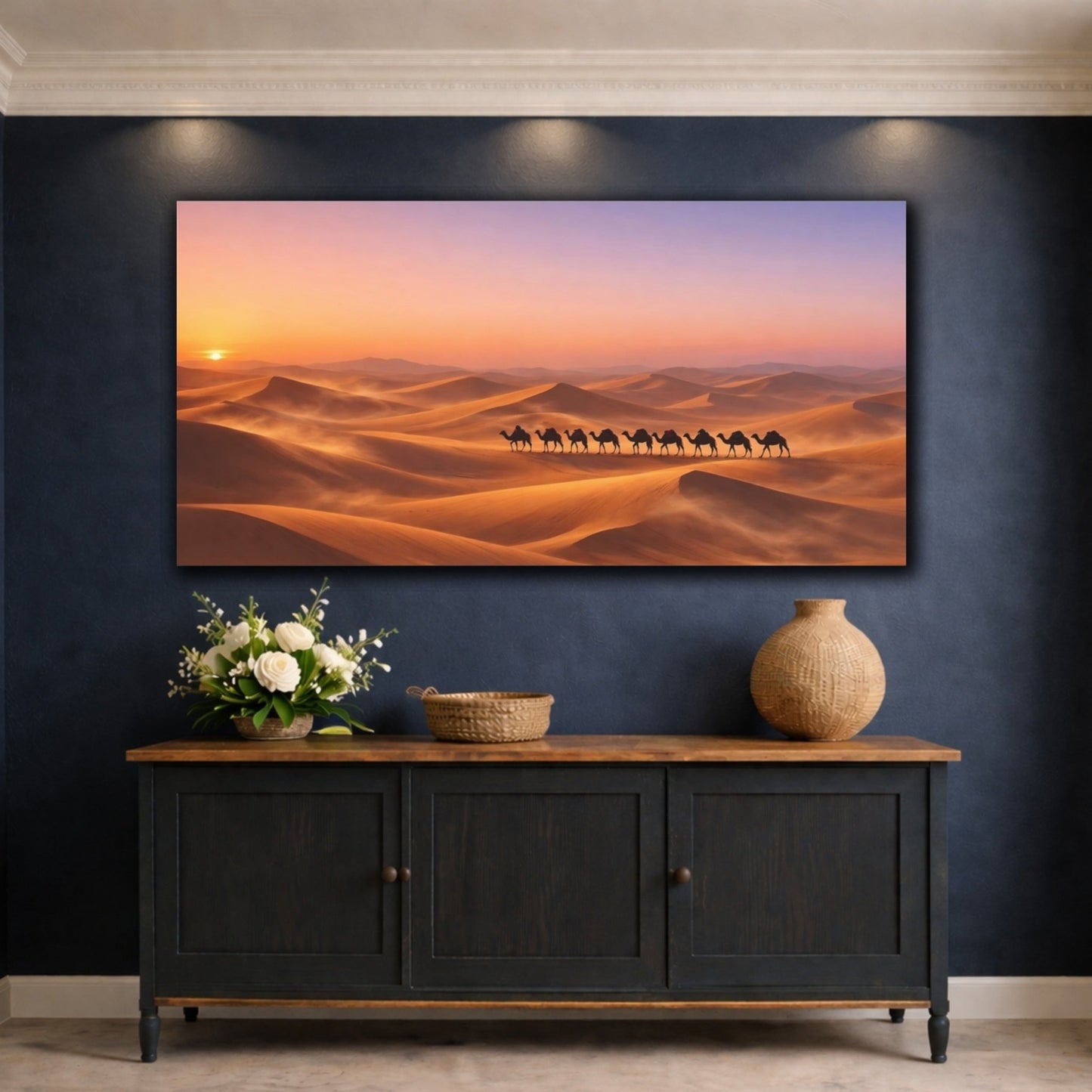 Nature Camel Train Desert Sunset - Canvas Wall Art Print - YesArtYes