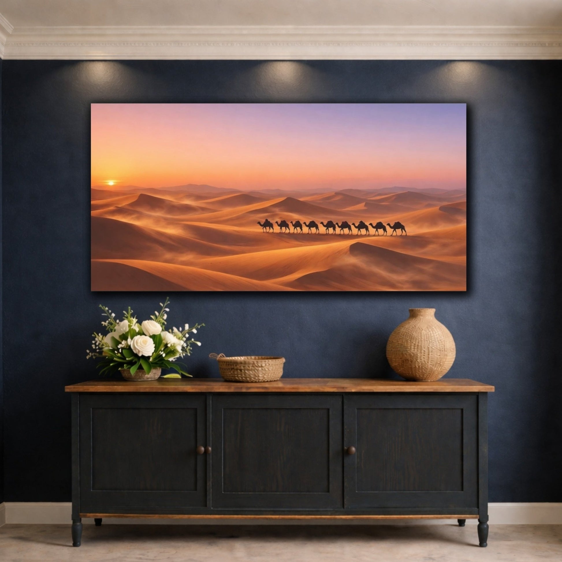 Nature Camel Train Desert Sunset - Canvas Wall Art Print - YesArtYes