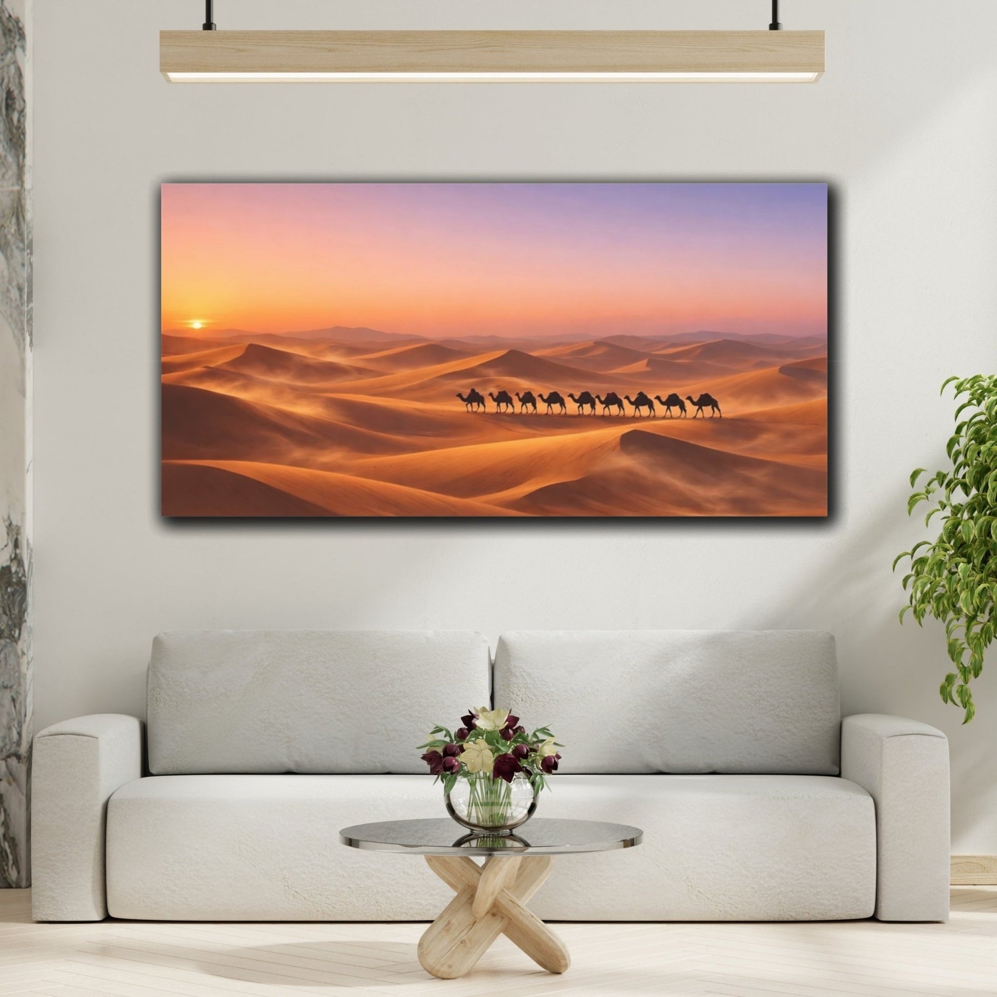 Nature Camel Train Desert Sunset - Canvas Wall Art Print - YesArtYes