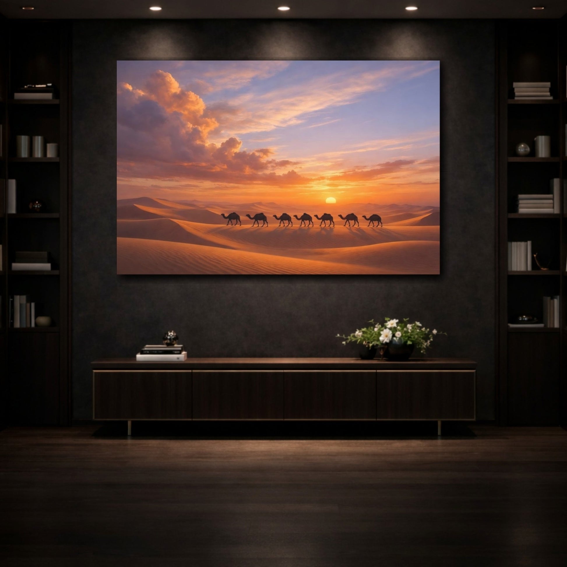 Nature Camels Desert Sunset - Canvas Wall Art Print - YesArtYes