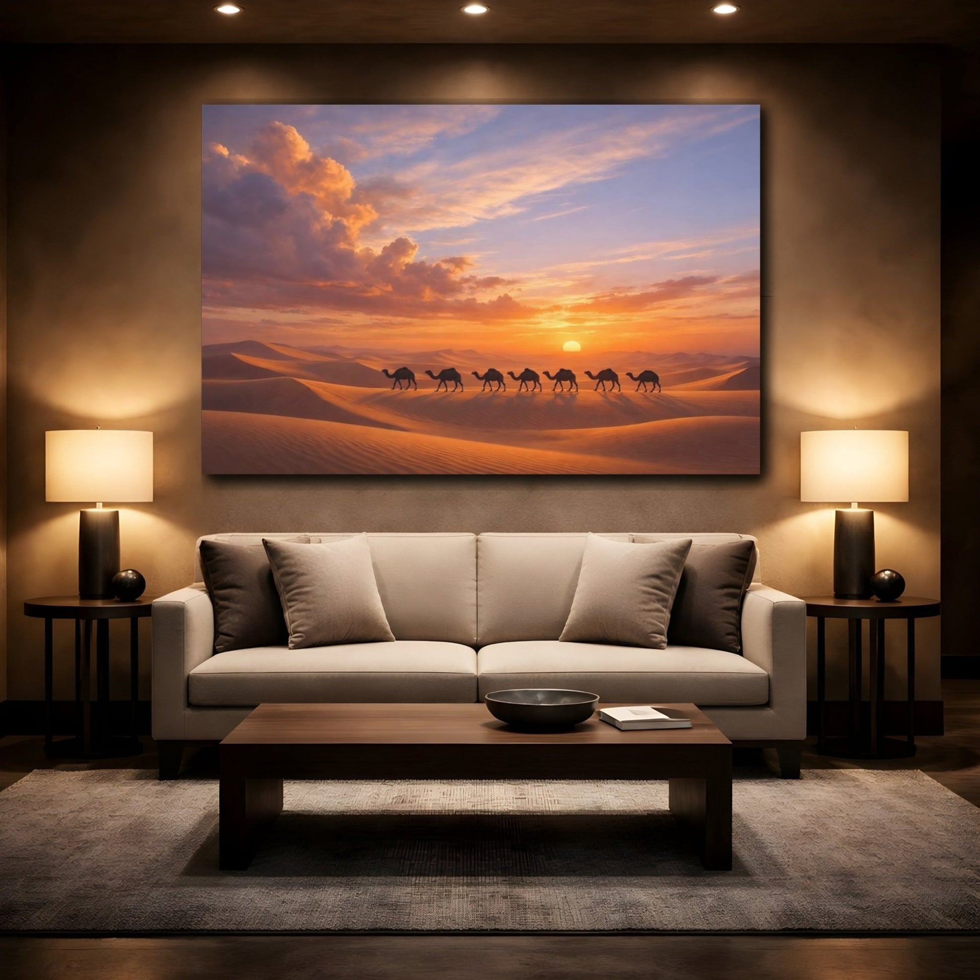 Nature Camels Desert Sunset - Canvas Wall Art Print - YesArtYes