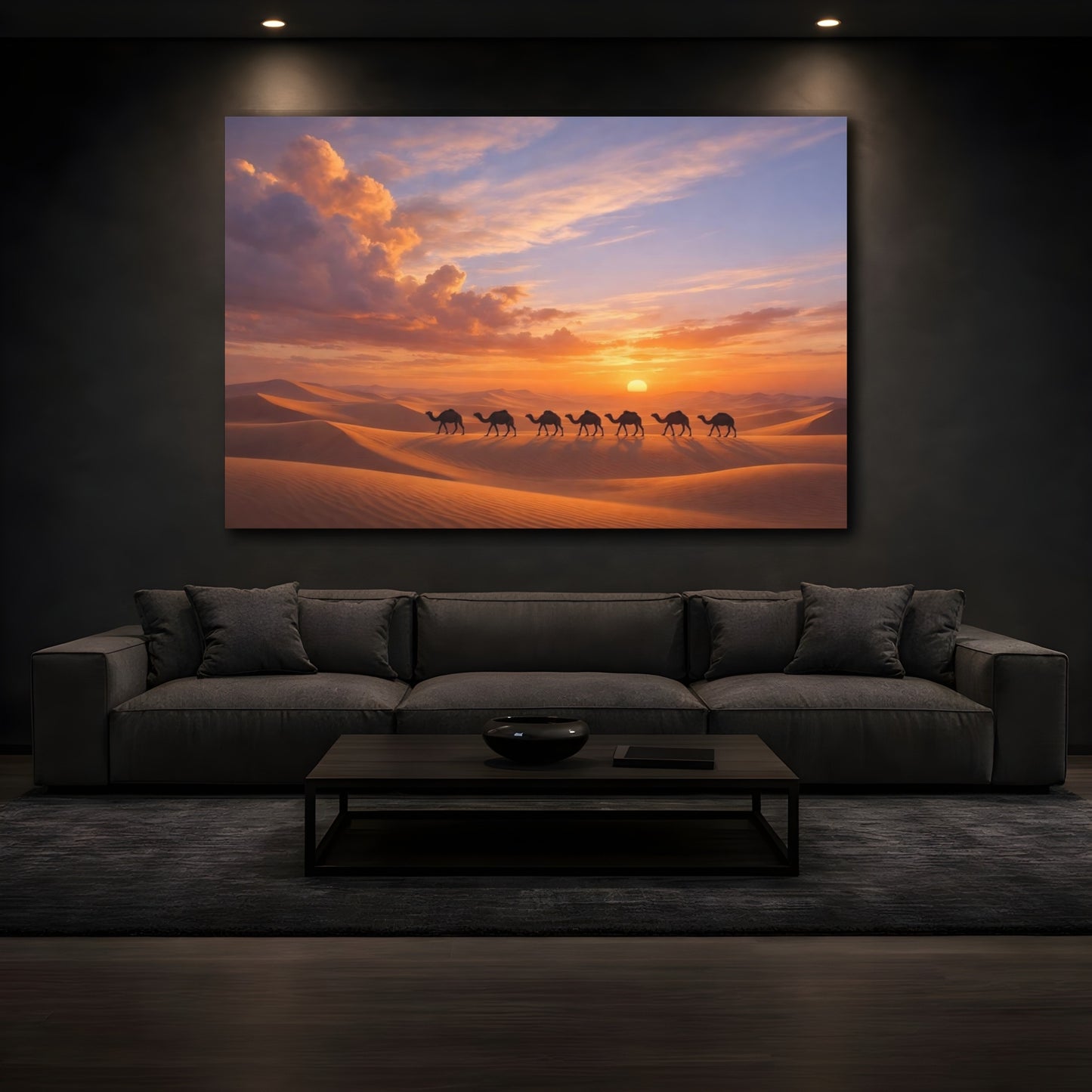 Mockup 2. Nature Camels Desert Sunset shown as stretched canvas wall art