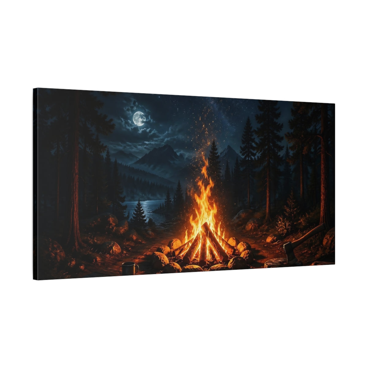 Main Mockup. Nature Campfire Night Campfire shown as stretched canvas wall art