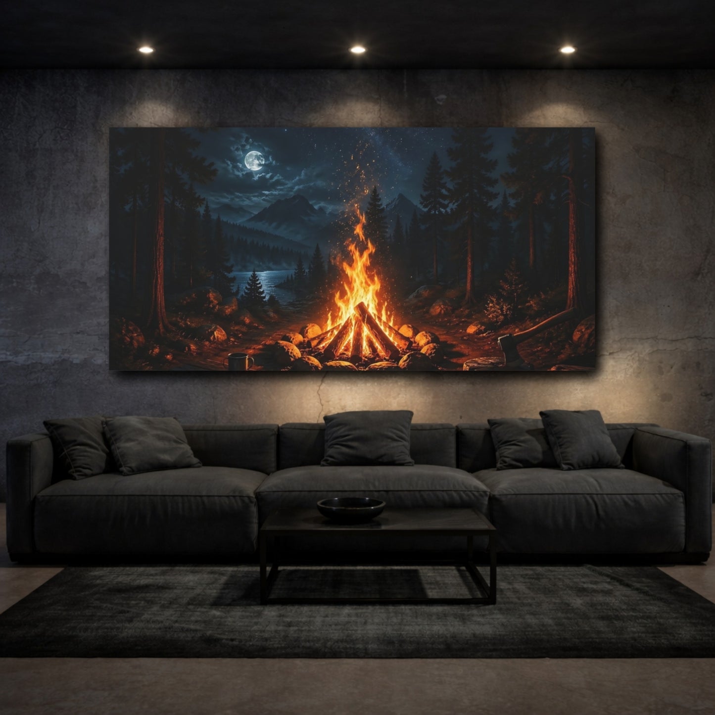 Mockup 2. Nature Campfire Night Campfire shown as stretched canvas wall art