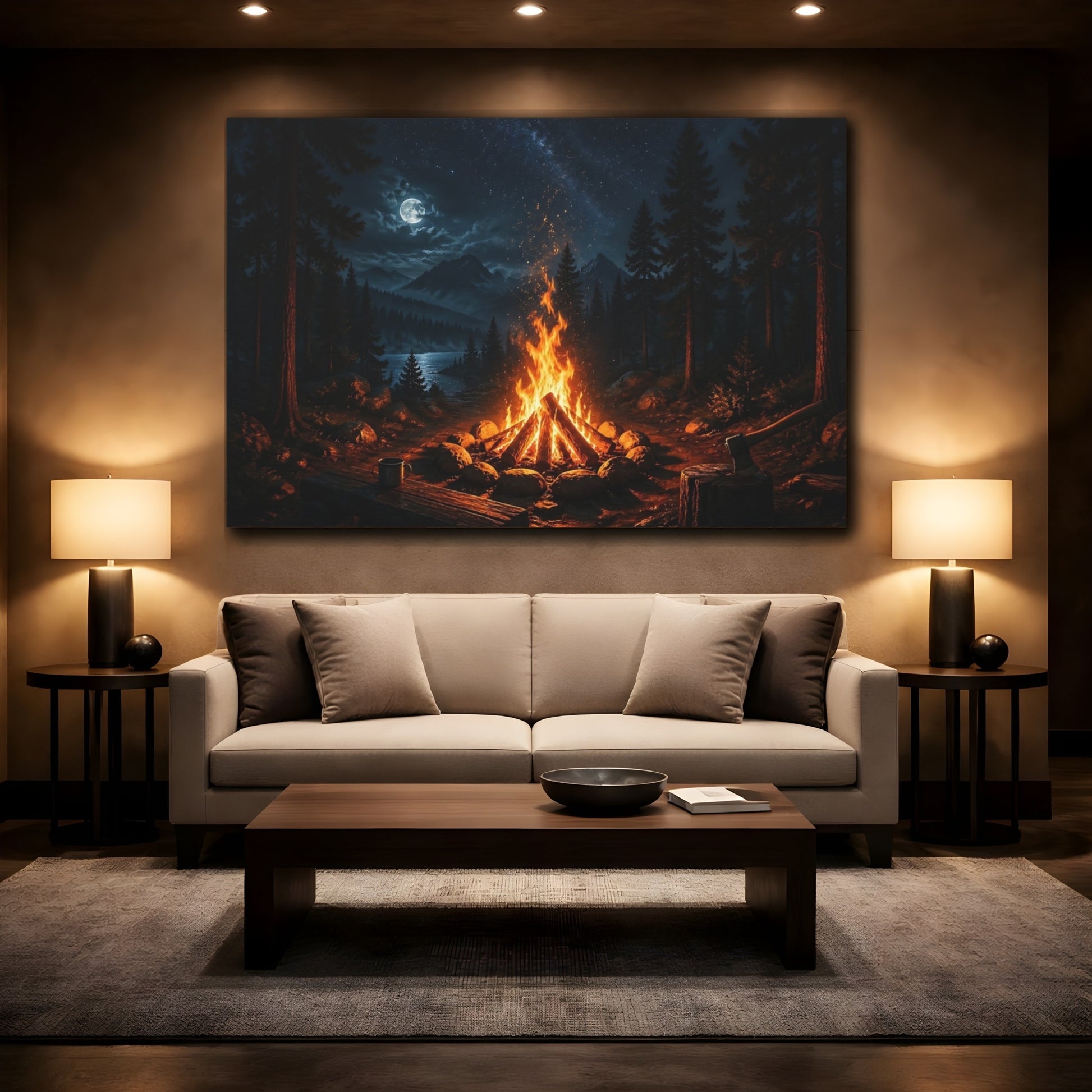 Mockup 2. Nature Campfire Night Campfire shown as stretched canvas wall art