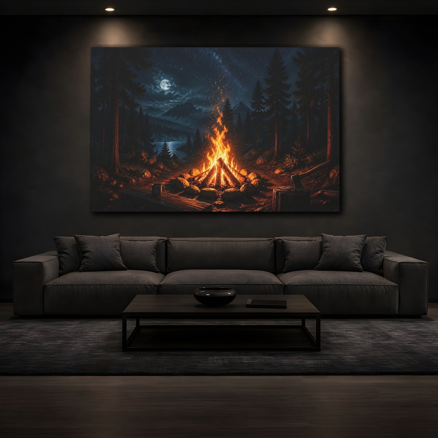 Mockup 3. Nature Campfire Night Campfire shown as stretched canvas wall art