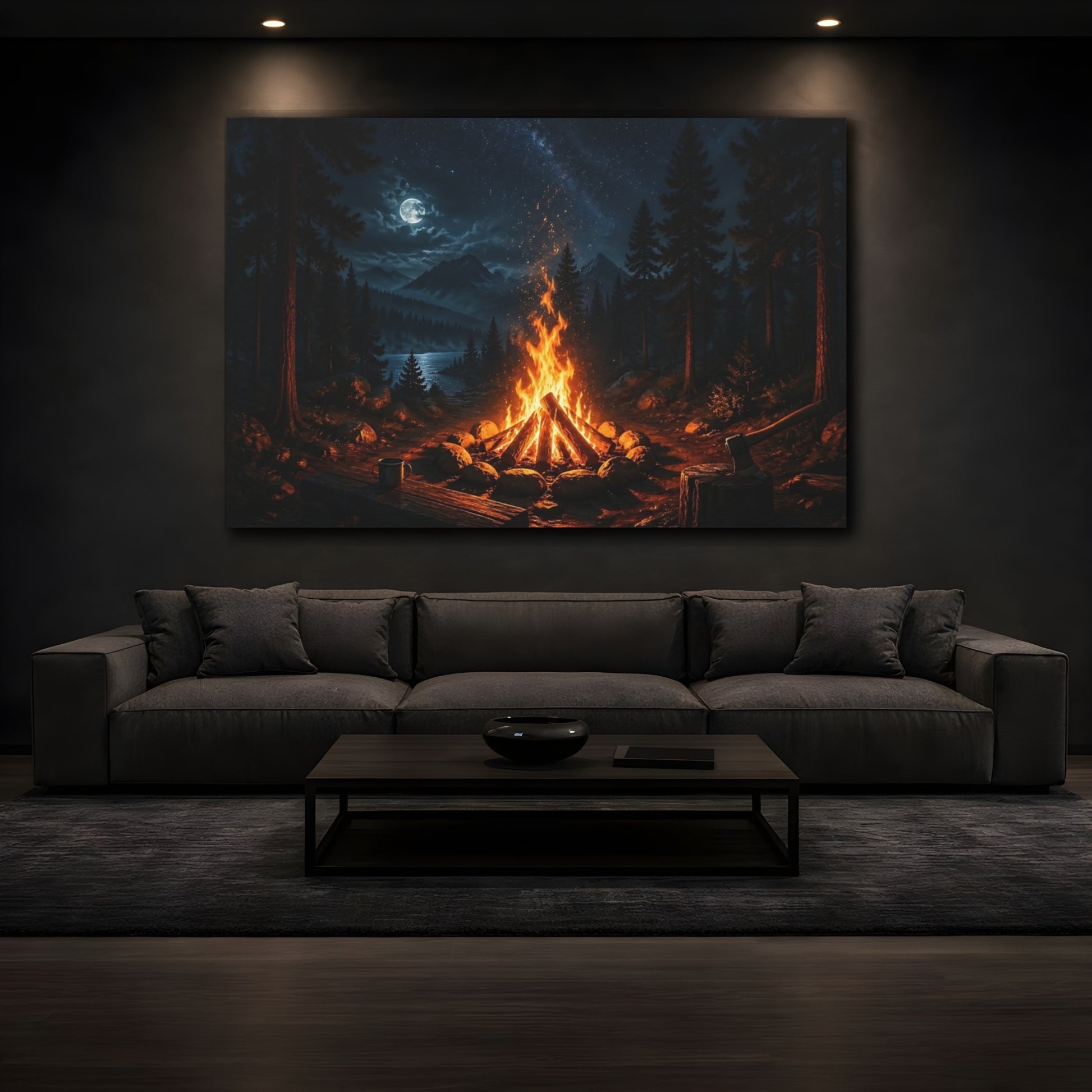 Mockup 3. Nature Campfire Night Campfire shown as stretched canvas wall art