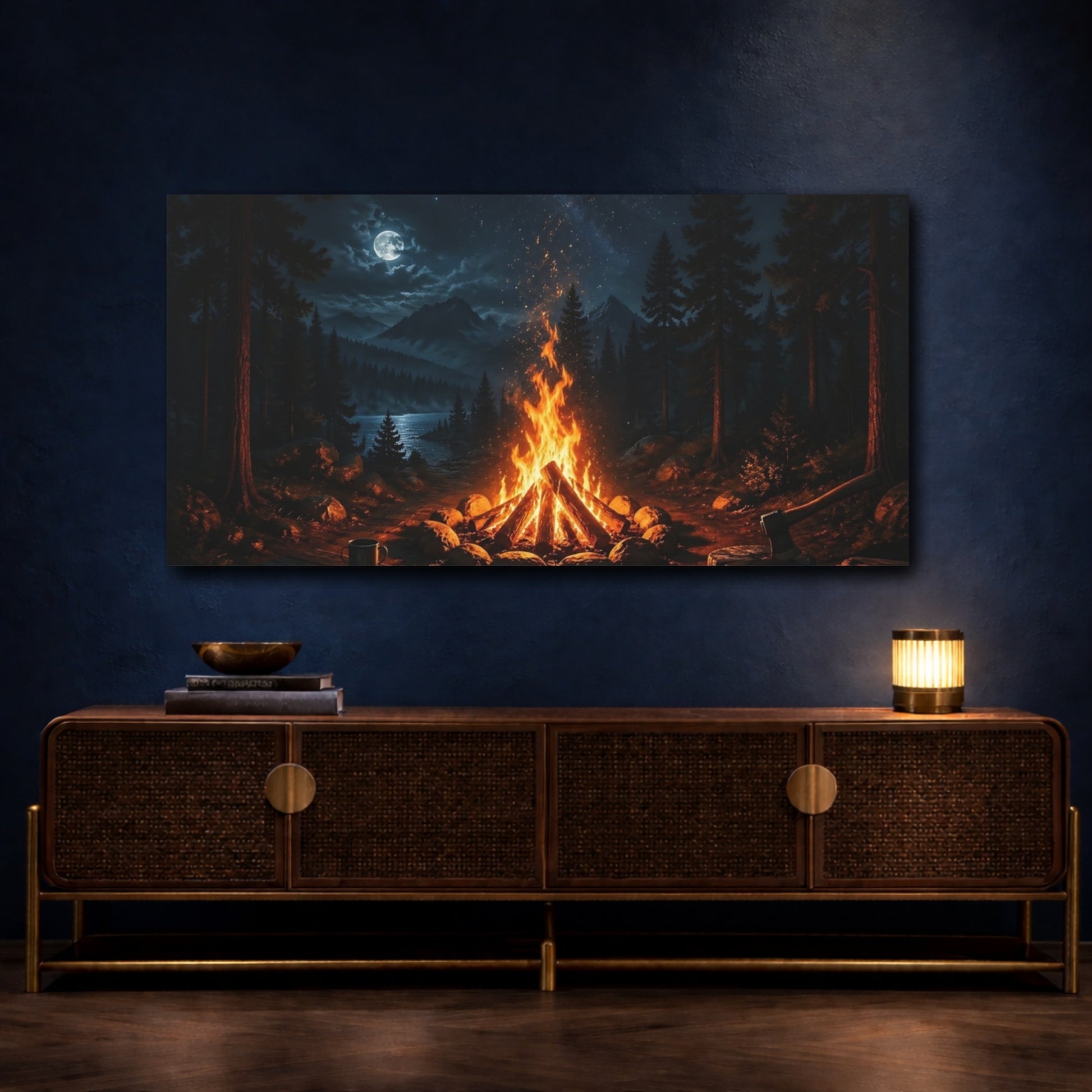 Mockup 4. Nature Campfire Night Campfire shown as stretched canvas wall art