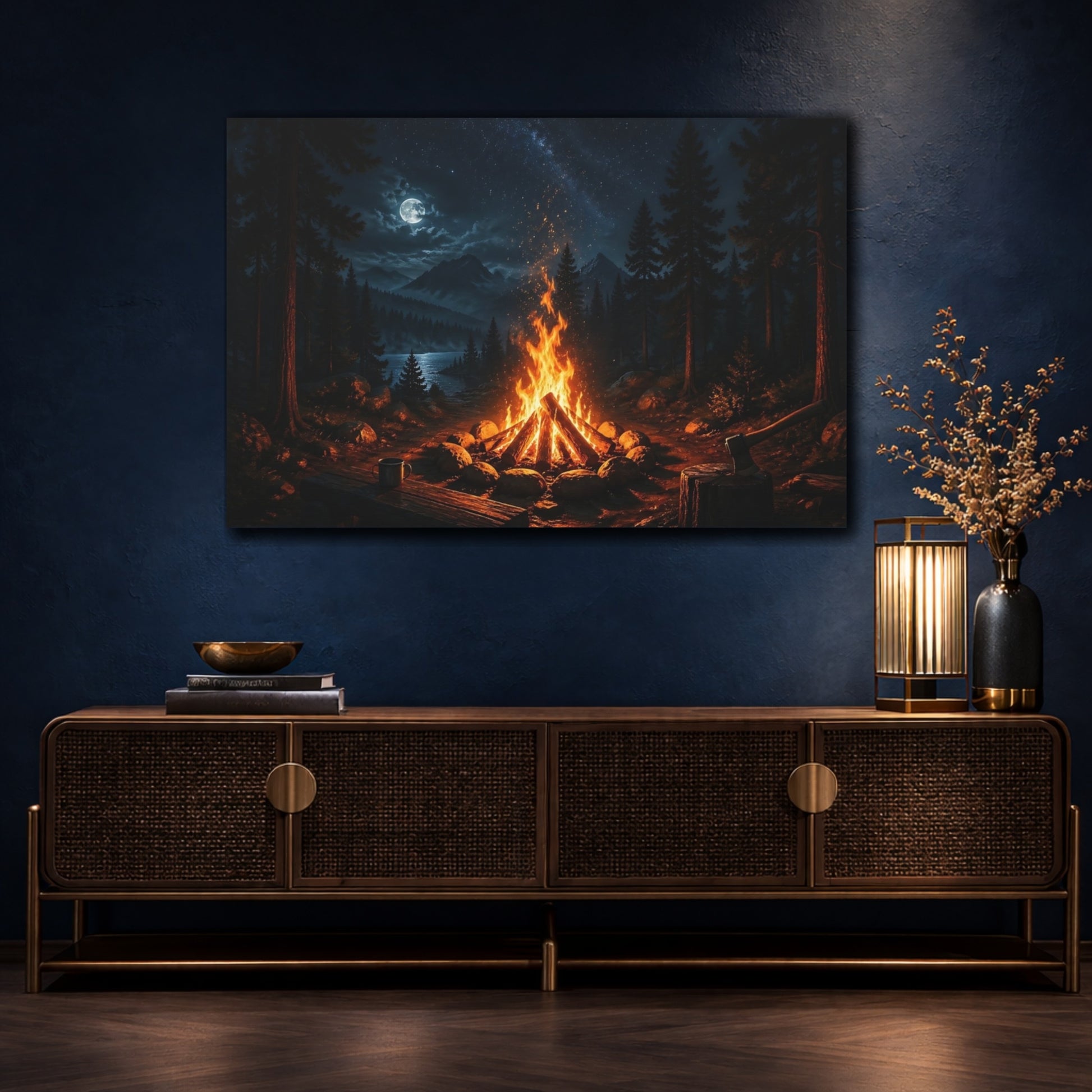 Mockup 4. Nature Campfire Night Campfire shown as stretched canvas wall art