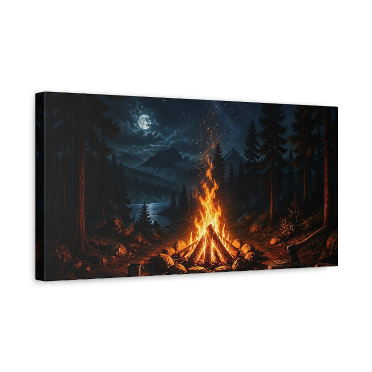 Side Mockup 3. Nature Campfire Night Campfire shown as stretched canvas wall art