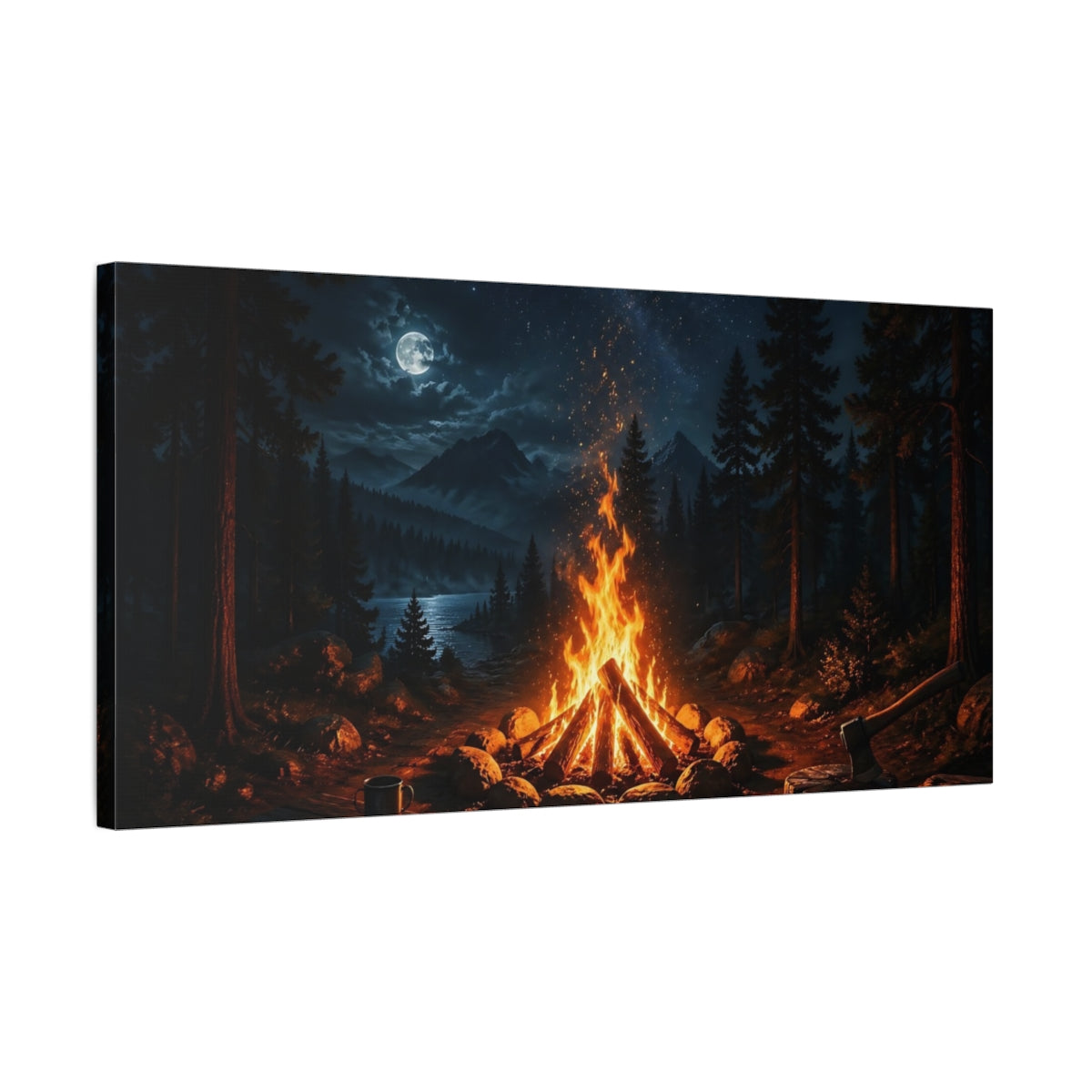 Side Mockup 1. Nature Campfire Night Campfire shown as stretched canvas wall art
