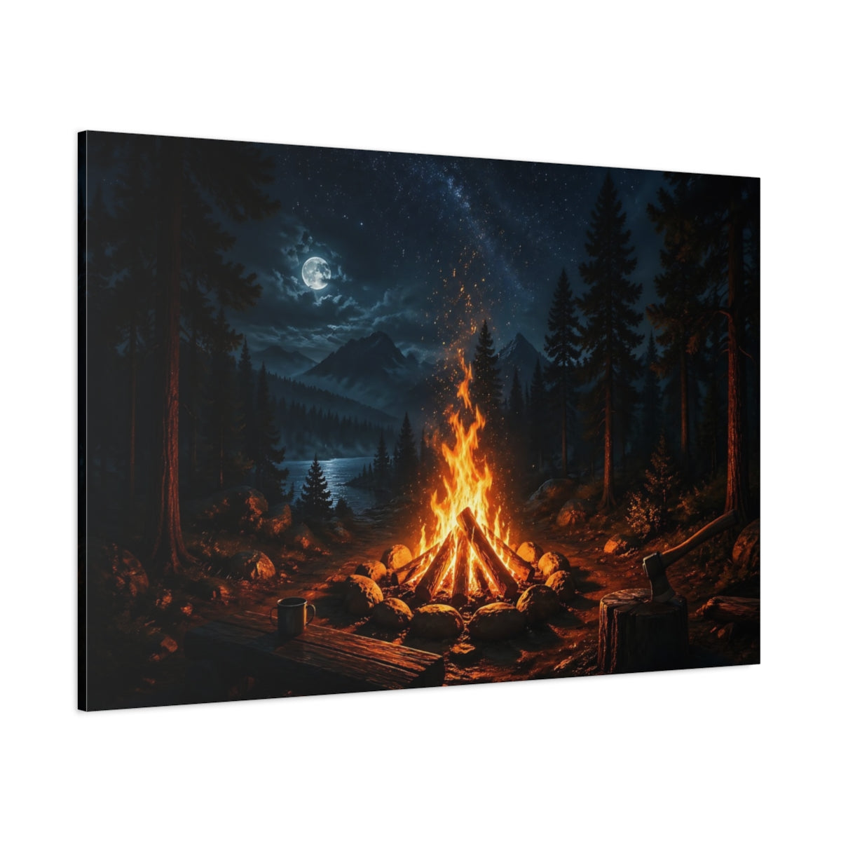 Side Mockup 1. Nature Campfire Night Campfire shown as stretched canvas wall art