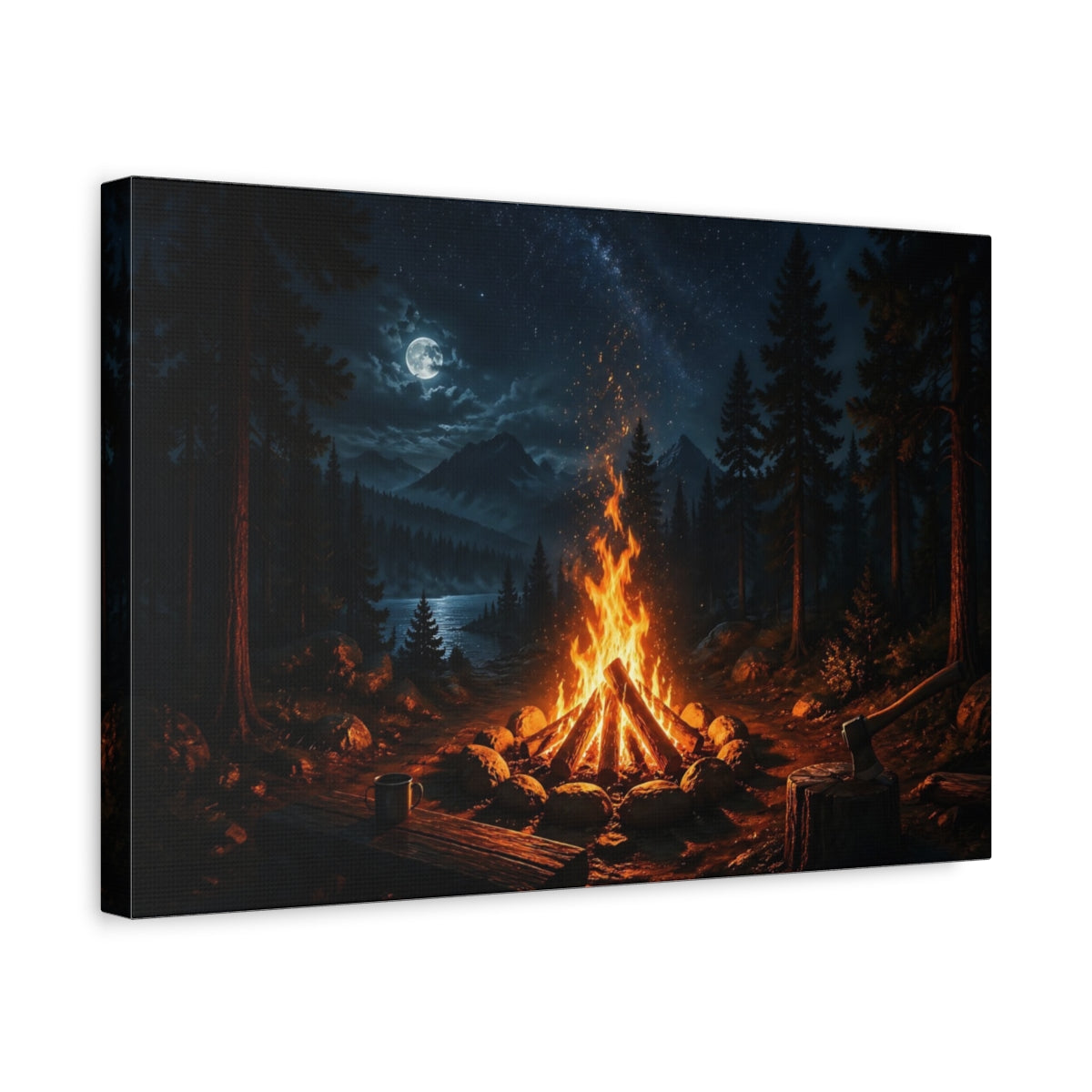 Side Mockup 4. Nature Campfire Night Campfire shown as stretched canvas wall art