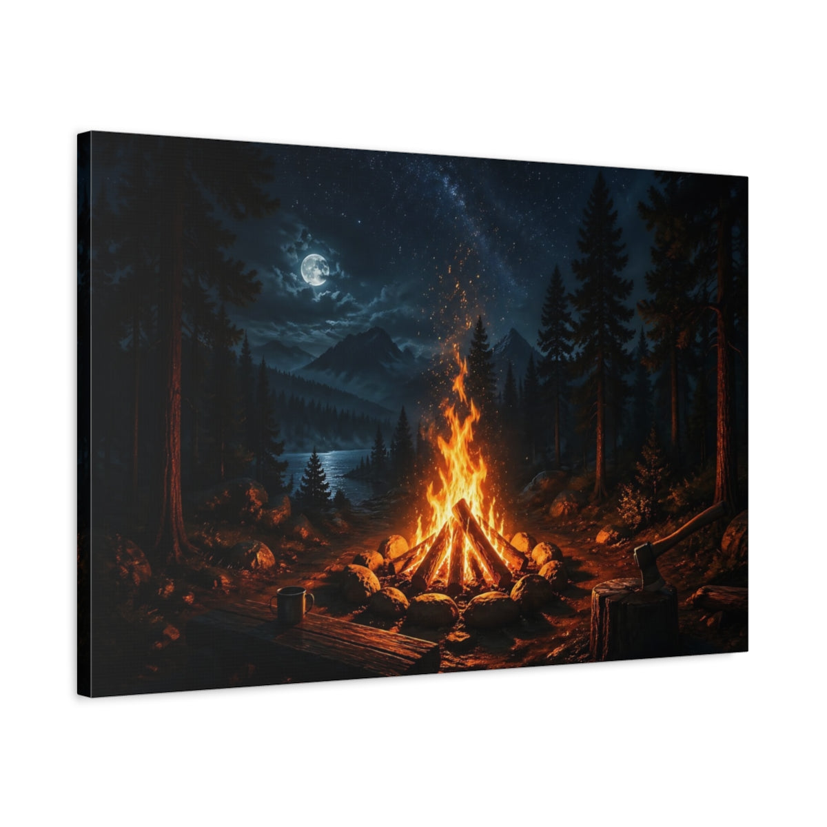 Side Mockup 2. Nature Campfire Night Campfire shown as stretched canvas wall art