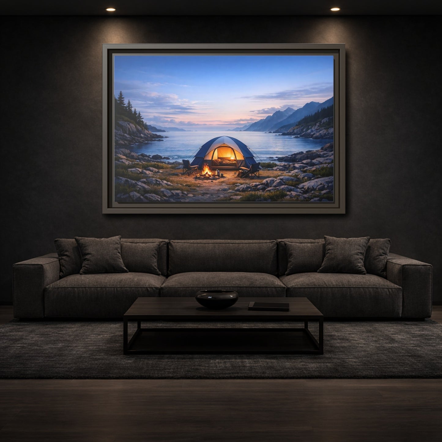 Mockup 2. Nature Camping Tent Blue And Orange Camping shown as stretched canvas wall art