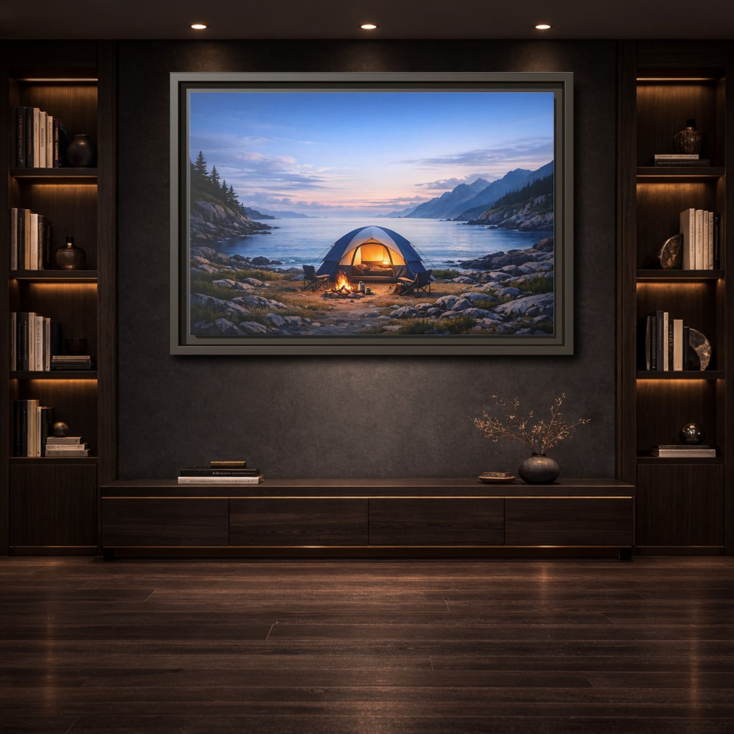 Mockup 3. Nature Camping Tent Blue And Orange Camping shown as stretched canvas wall art