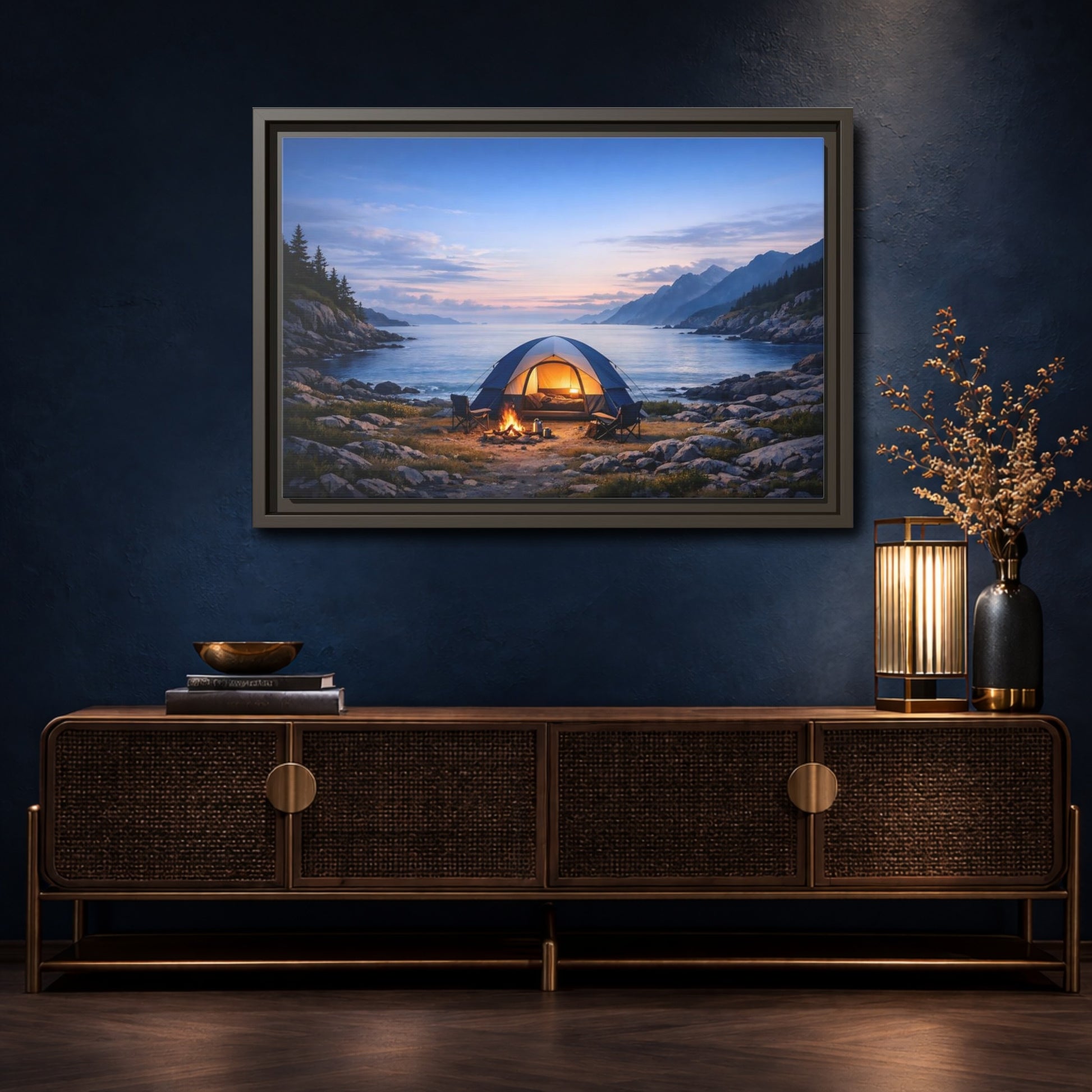 Mockup 4. Nature Camping Tent Blue And Orange Camping shown as stretched canvas wall art