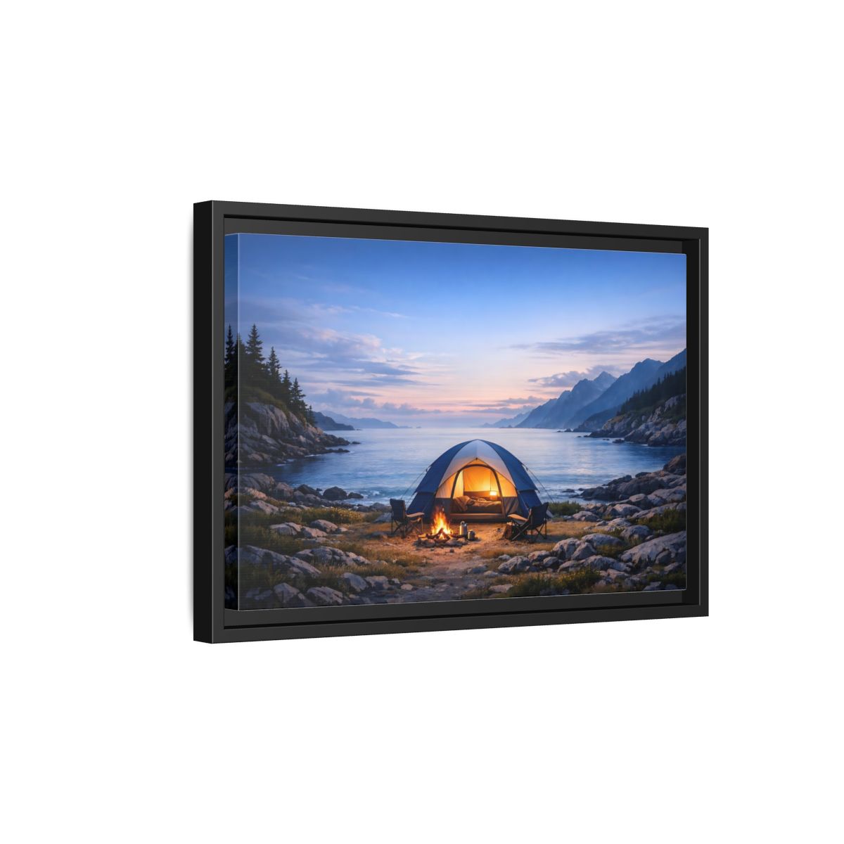 Side Mockup 6. Nature Camping Tent Blue And Orange Camping shown as stretched canvas wall art