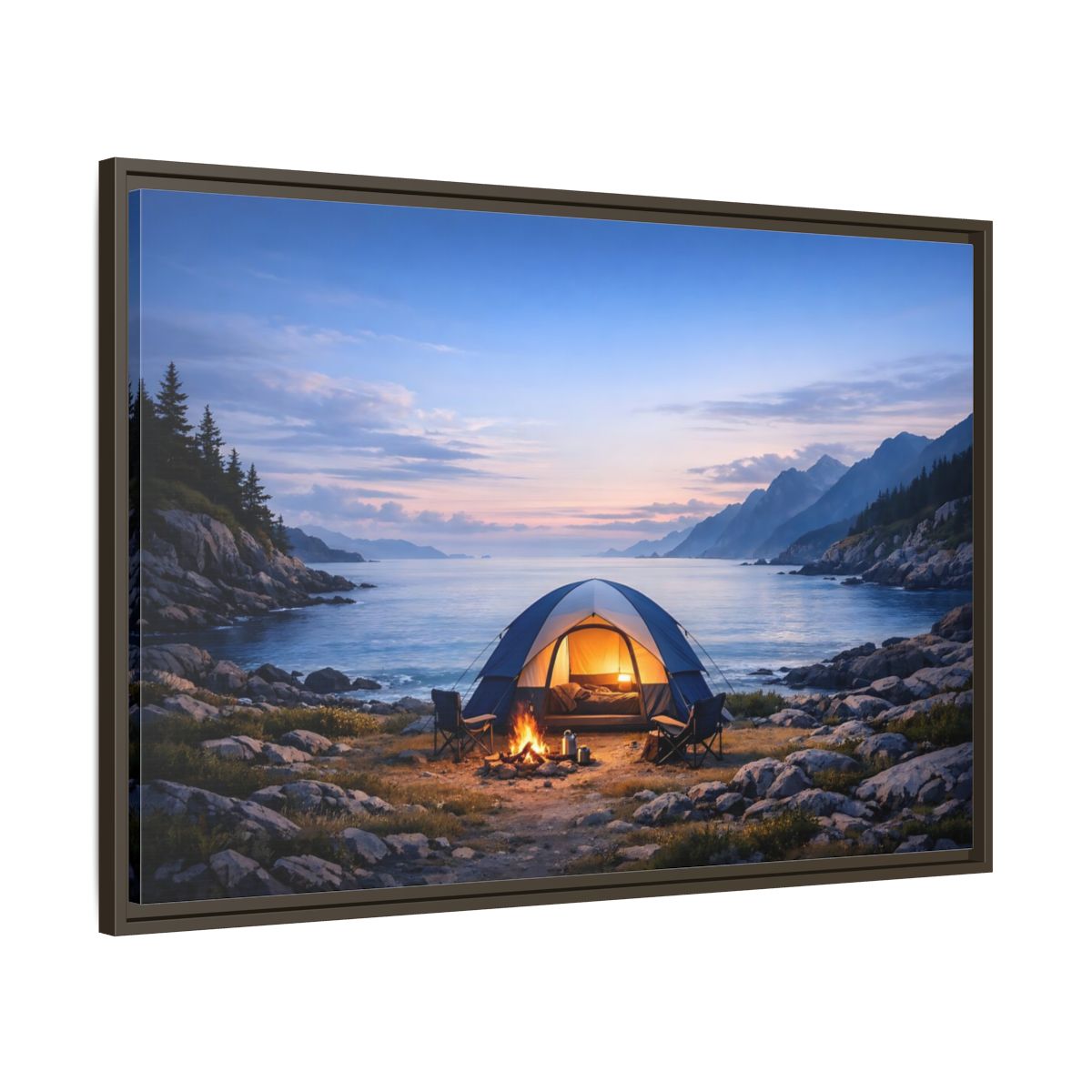 Side Mockup 9. Nature Camping Tent Blue And Orange Camping shown as stretched canvas wall art