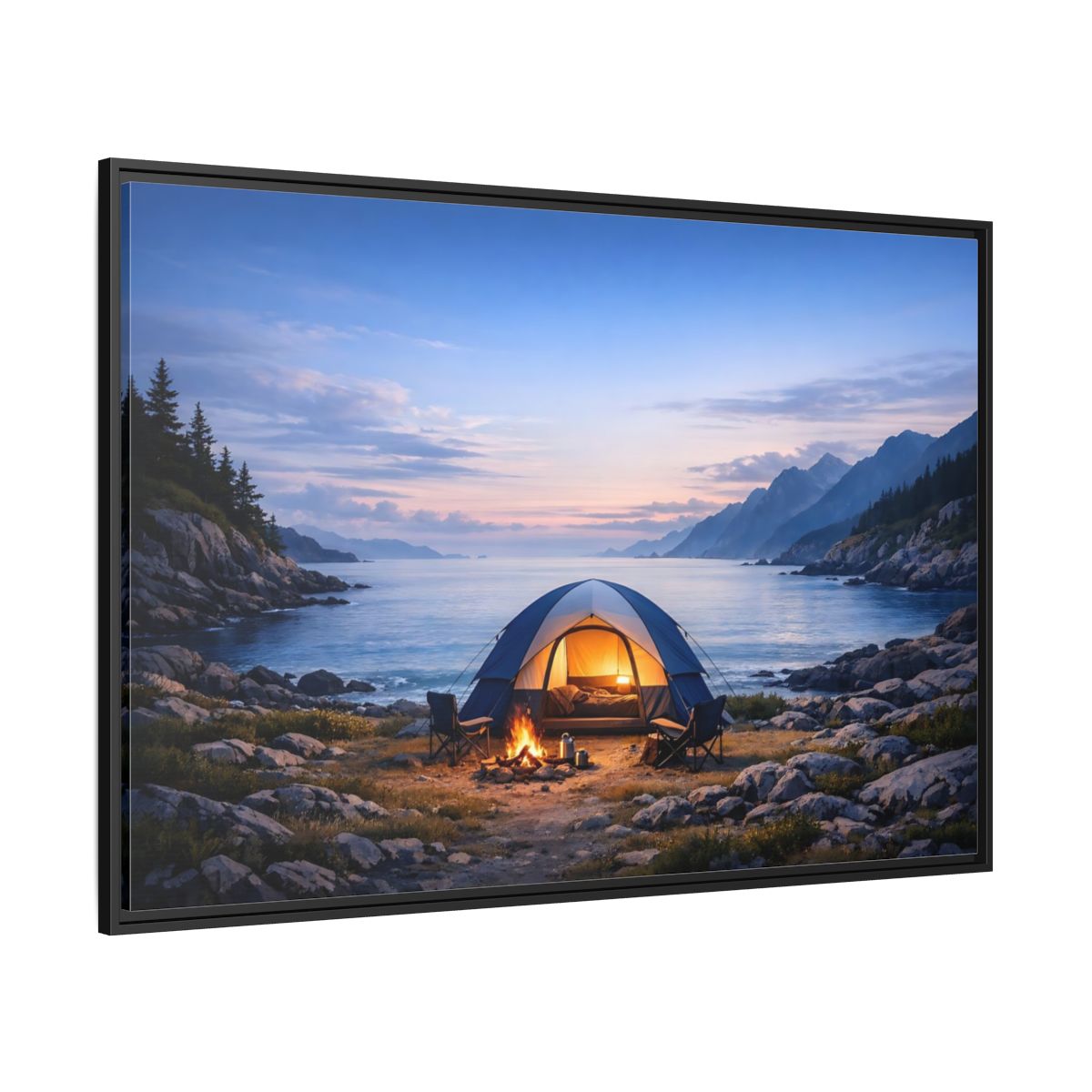 Side Mockup 12. Nature Camping Tent Blue And Orange Camping shown as stretched canvas wall art