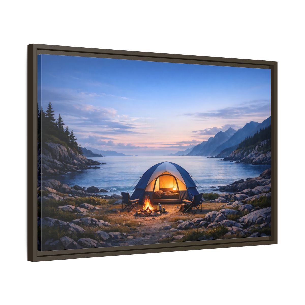 Side Mockup 11. Nature Camping Tent Blue And Orange Camping shown as stretched canvas wall art