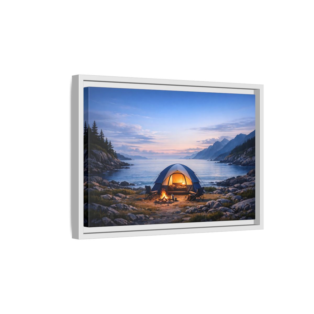Side Mockup 4. Nature Camping Tent Blue And Orange Camping shown as stretched canvas wall art