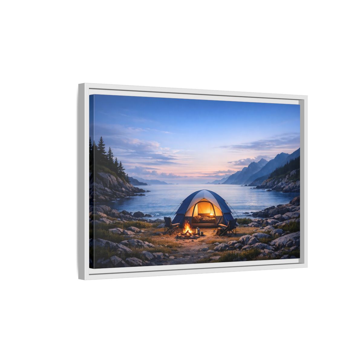 Side Mockup 1. Nature Camping Tent Blue And Orange Camping shown as stretched canvas wall art