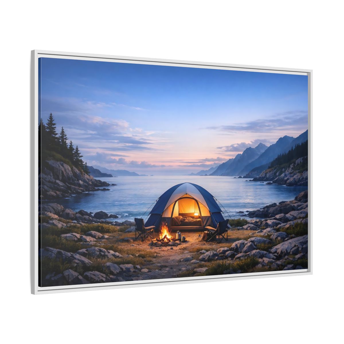 Side Mockup 7. Nature Camping Tent Blue And Orange Camping shown as stretched canvas wall art