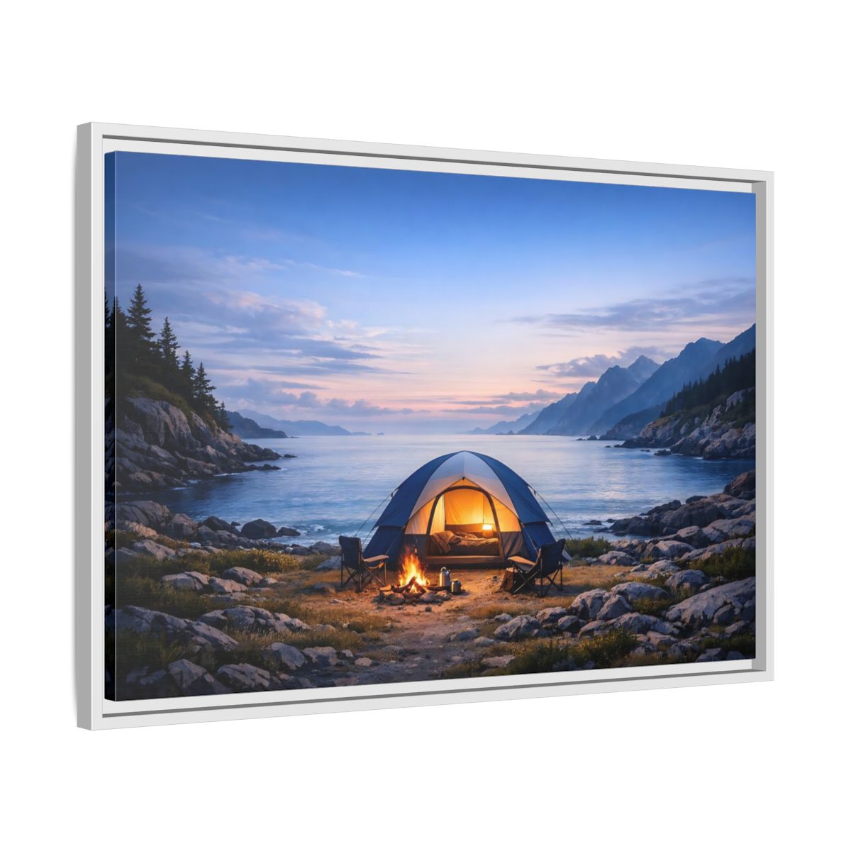 Side Mockup 10. Nature Camping Tent Blue And Orange Camping shown as stretched canvas wall art