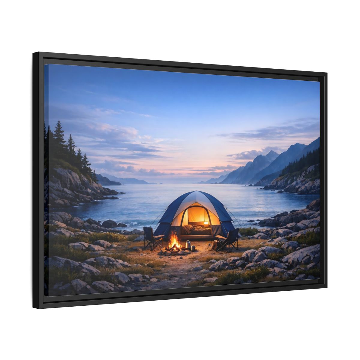 Side Mockup 14. Nature Camping Tent Blue And Orange Camping shown as stretched canvas wall art
