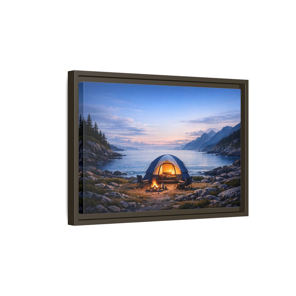 Side Mockup 5. Nature Camping Tent Blue And Orange Camping shown as stretched canvas wall art