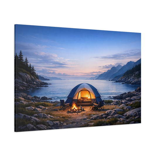Main Mockup. Nature Camping Tent Coastal Camping shown as stretched canvas wall art