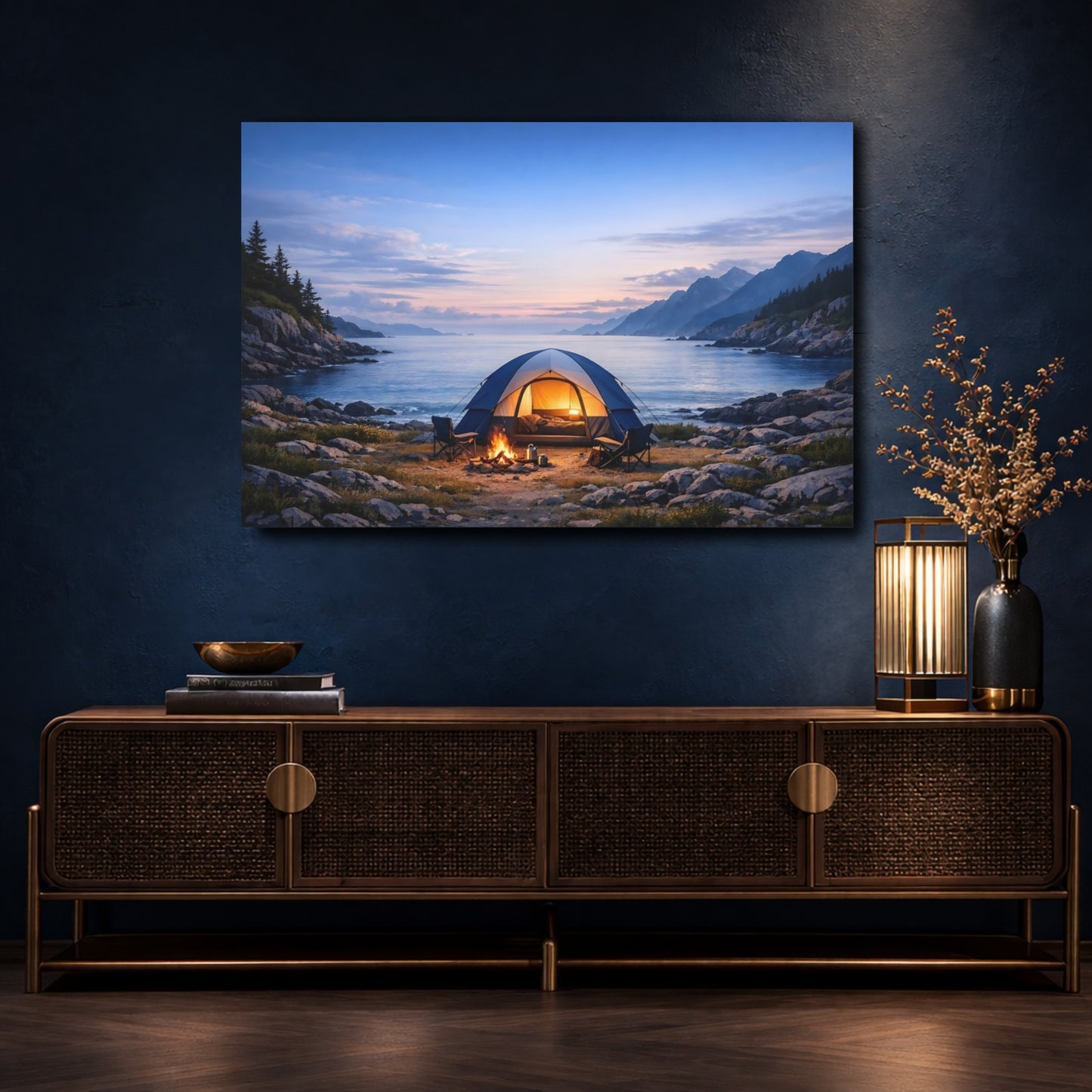 Mockup 4. Nature Camping Tent Coastal Camping shown as stretched canvas wall art