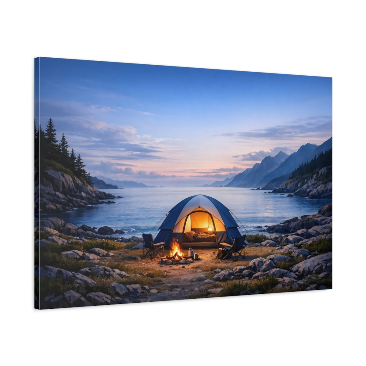Side Mockup 1. Nature Camping Tent Coastal Camping shown as stretched canvas wall art