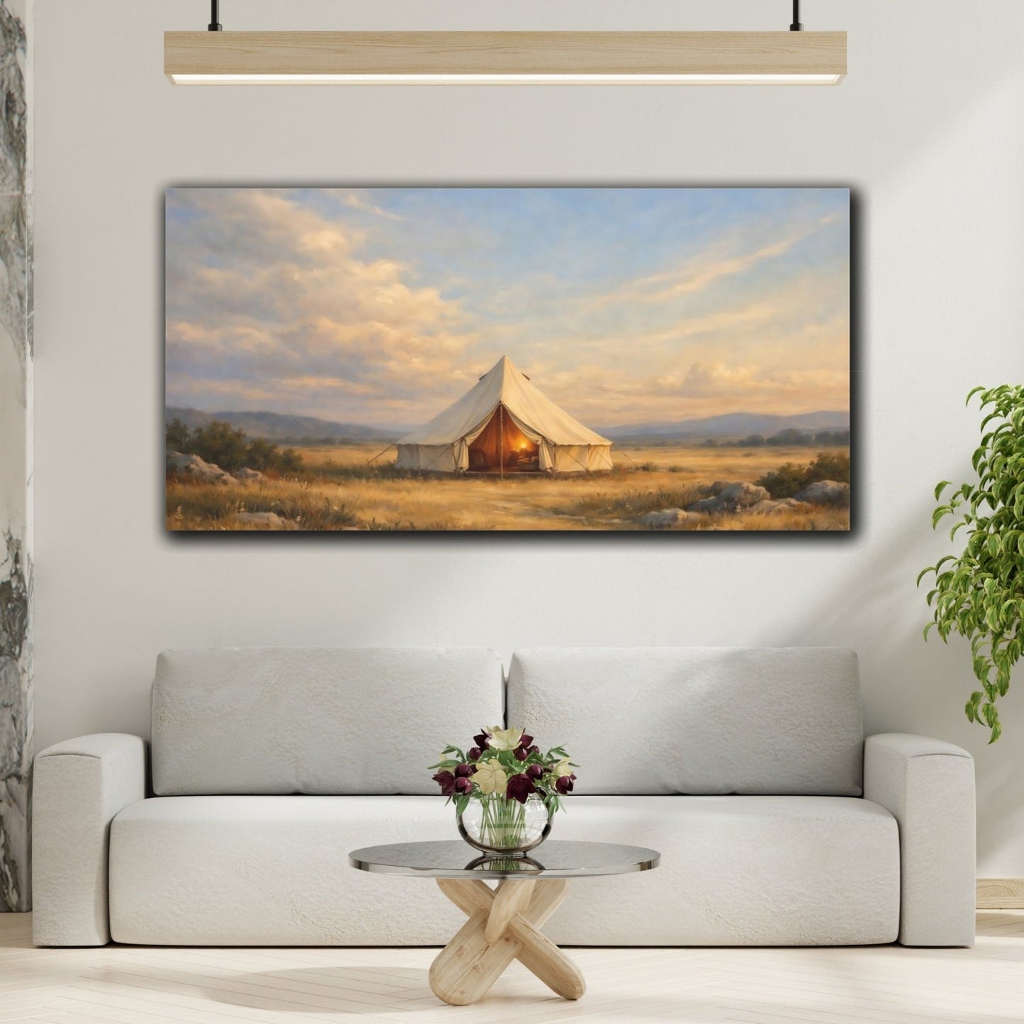 Nature Camping Tent Warm Sunset Landscape - Canvas Wall Art Print - YesArtYes