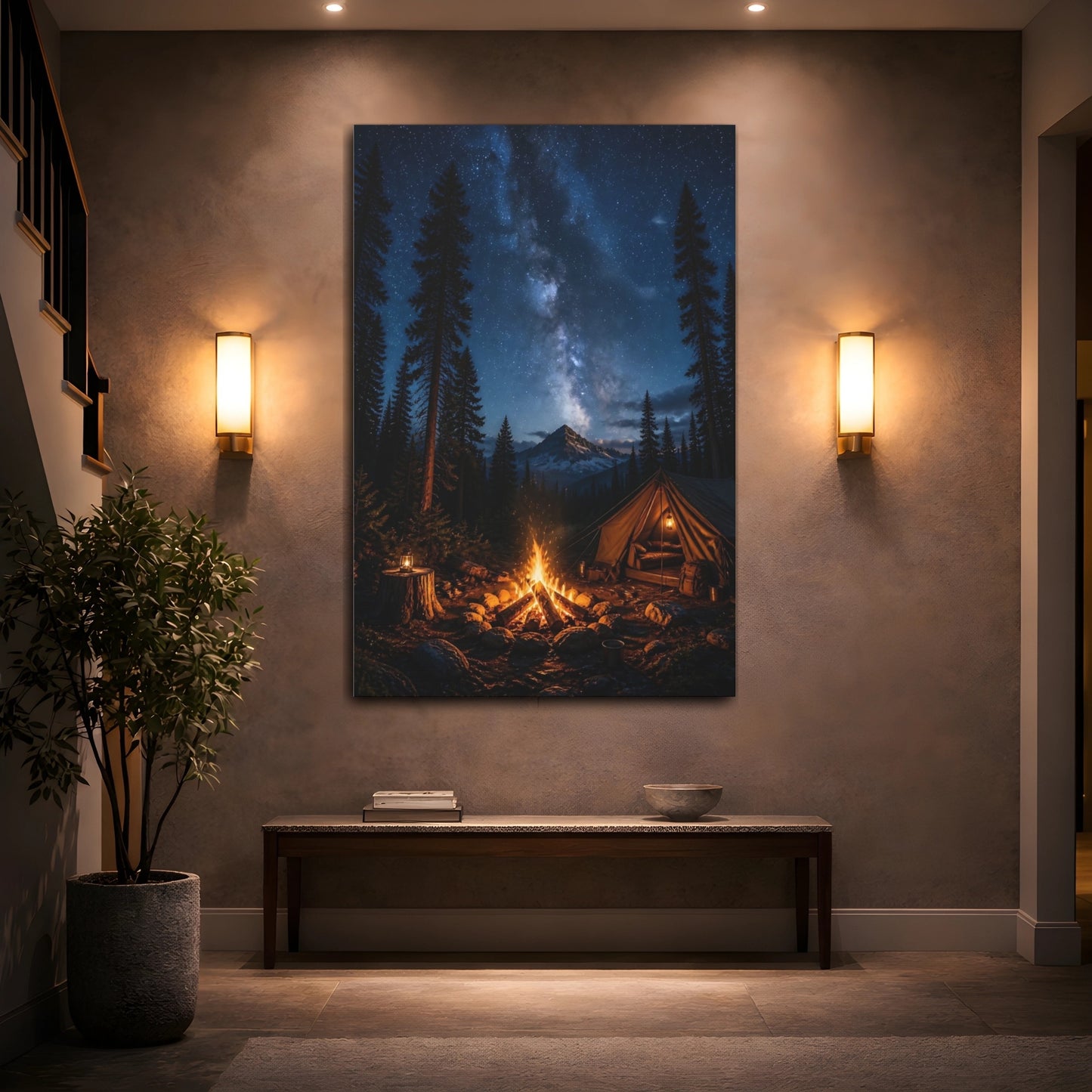 Mockup 2. Nature Campsite Starry Night Camping shown as stretched canvas wall art