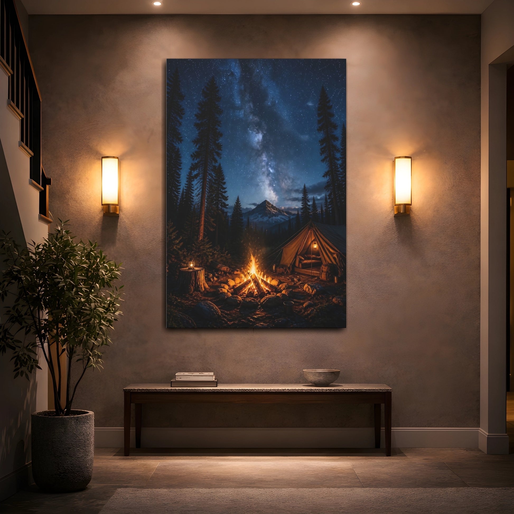 Mockup 2. Nature Campsite Starry Night Camping shown as stretched canvas wall art