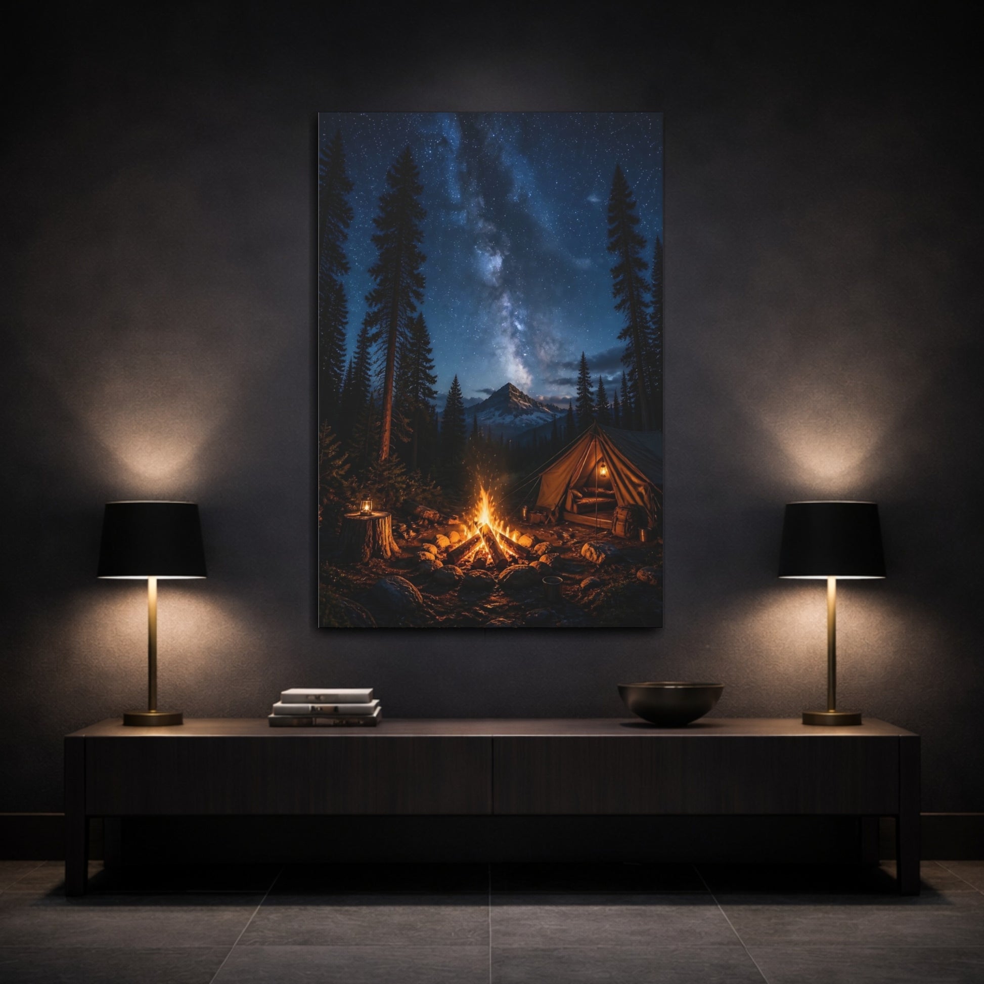Mockup 3. Nature Campsite Starry Night Camping shown as stretched canvas wall art