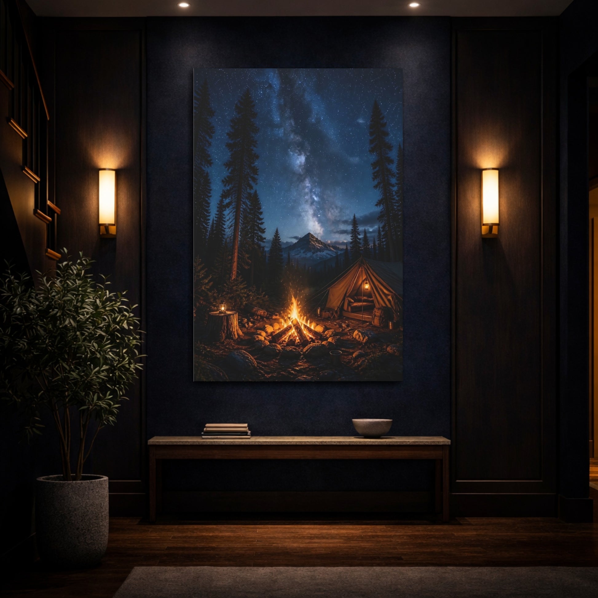 Mockup 4. Nature Campsite Starry Night Camping shown as stretched canvas wall art