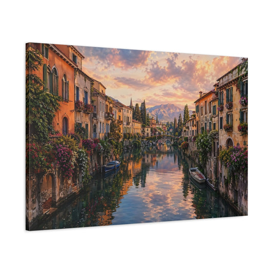 Main Mockup. Nature Canal Town Sunset Canal shown as stretched canvas wall art