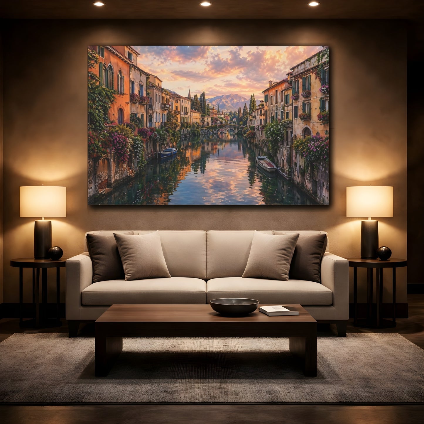Mockup 2. Nature Canal Town Sunset Canal shown as stretched canvas wall art