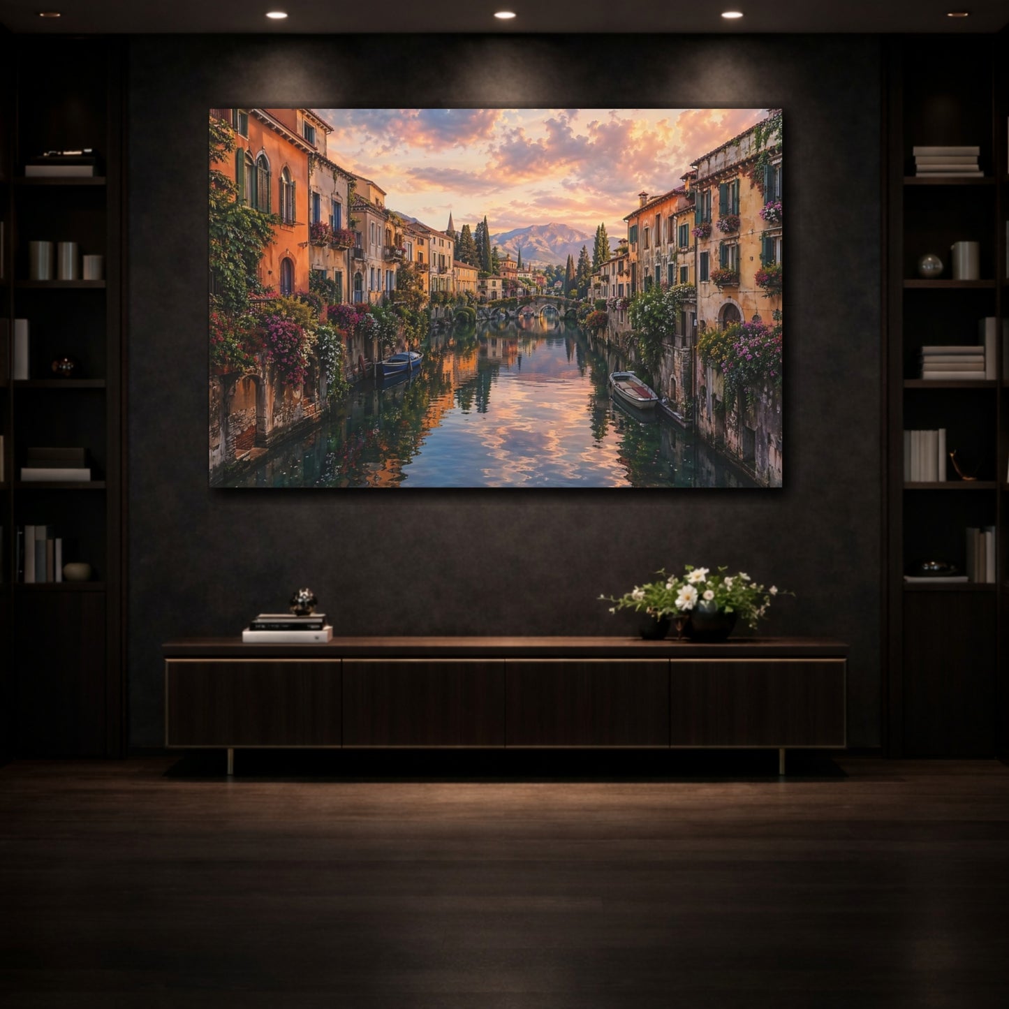 Mockup 3. Nature Canal Town Sunset Canal shown as stretched canvas wall art