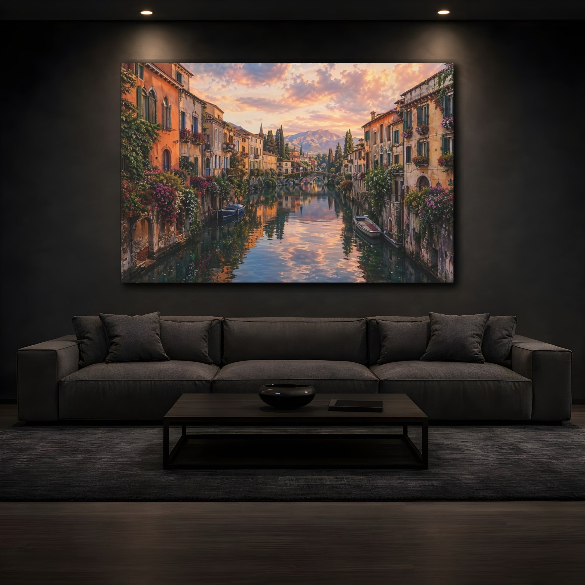 Mockup 4. Nature Canal Town Sunset Canal shown as stretched canvas wall art