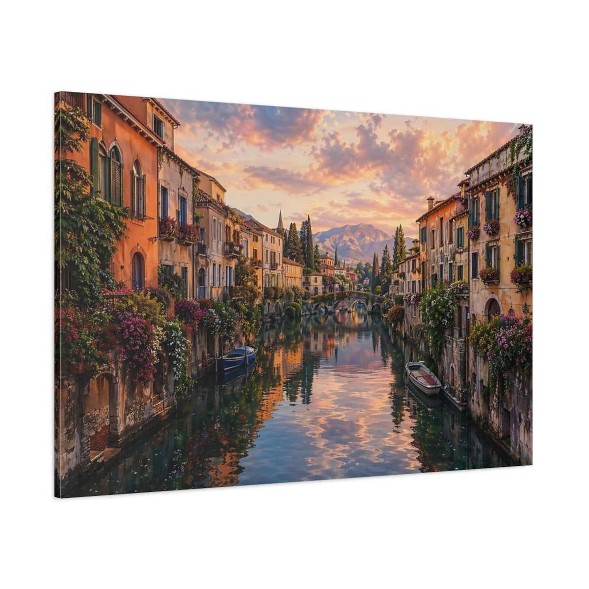 Side Mockup 1. Nature Canal Town Sunset Canal shown as stretched canvas wall art