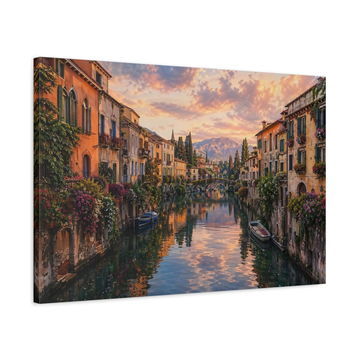 Side Mockup 2. Nature Canal Town Sunset Canal shown as stretched canvas wall art